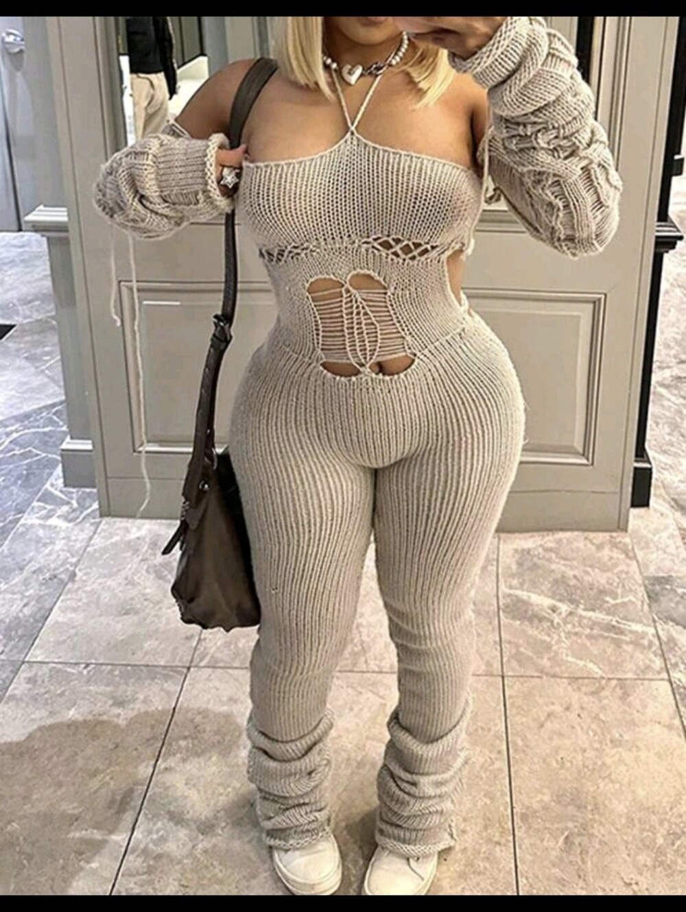 Beige Knit Cutout Jumpsuit - Jumpsuits -S